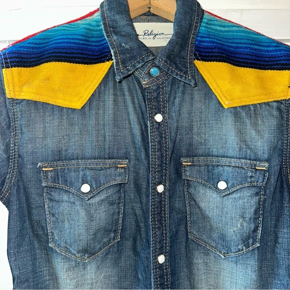 True Religion Tops - True Religion GEORGIA BAJA WESTERN Shirt Aztec Denim Pearl Snap Serape S: XS / S